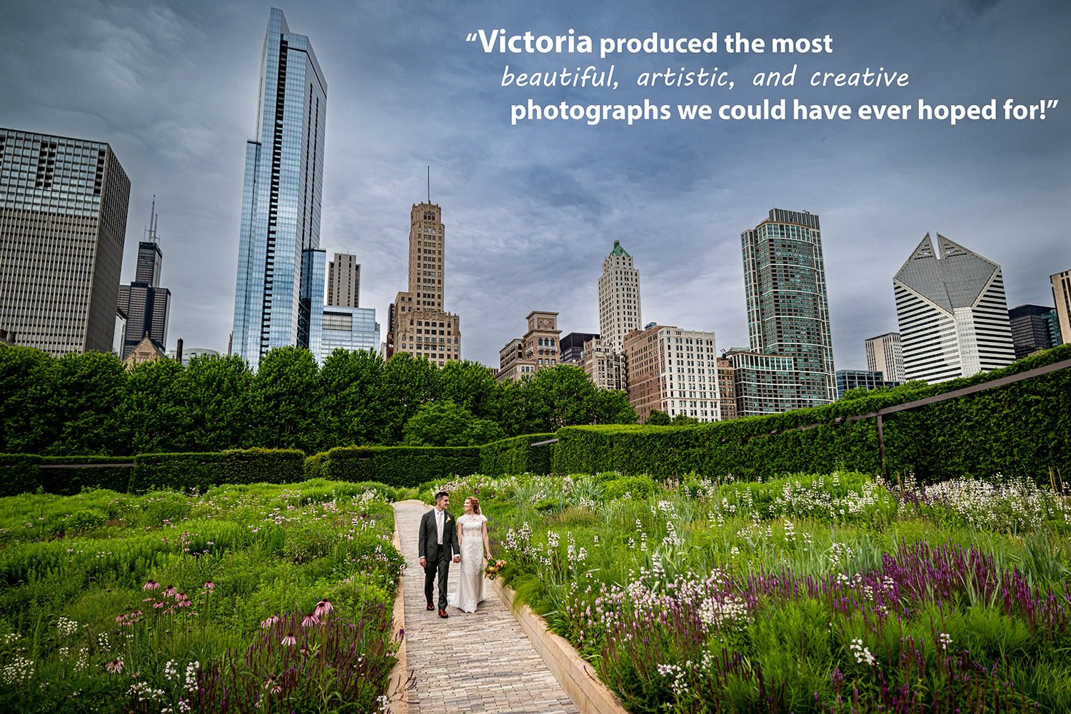 a wedding couple walks through a garden in chicago